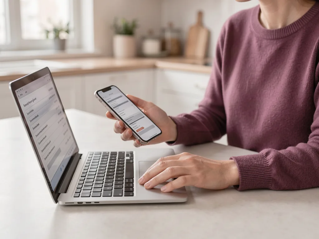 An adult holding a phone beside a laptop while comparing estimates at home, with both screens blurred and their face outside the frame.