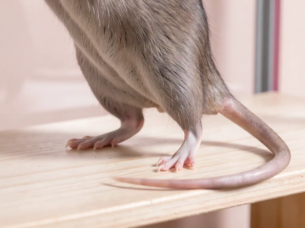 A rat bearing weight on its hind legs and spread toes on a pale wooden ledge, its long tail curving behind.